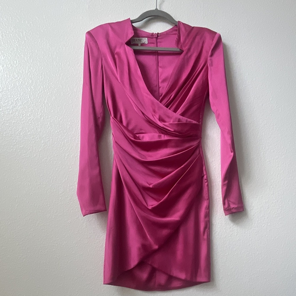 House of London S Pink Solid Wrap Dress Ruched V-Neck Long Sleeve Short